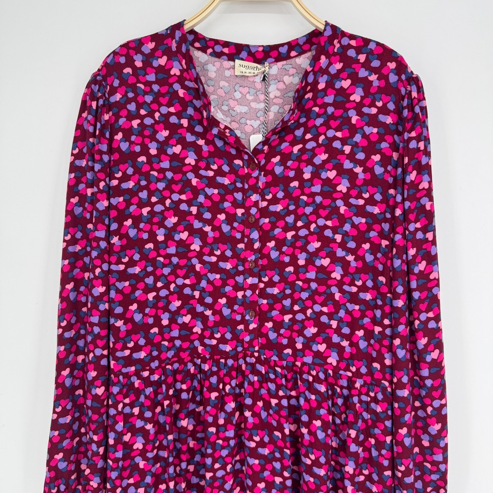 Sugarhill Brighton Danica Smock Dress 14 Burgundy Heart ModCloth Whimsygoth Boho - Picture 4 of 8